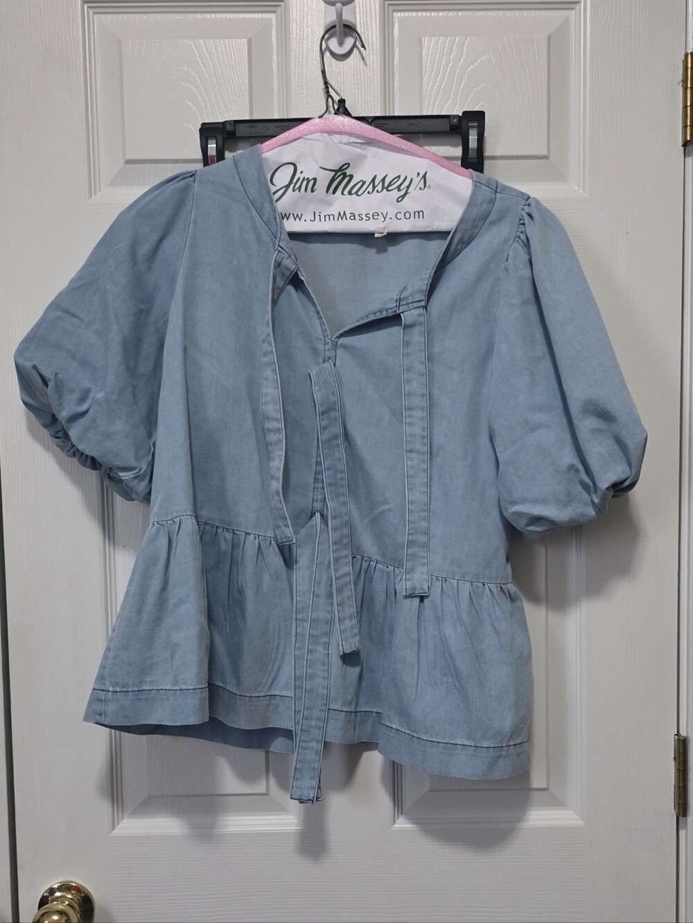 easel Light Blue Denim-Style Top with Puff Sleeves